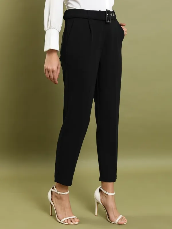  Tokyo Talkies Women Black Solid Regular Fit Casual Trousers