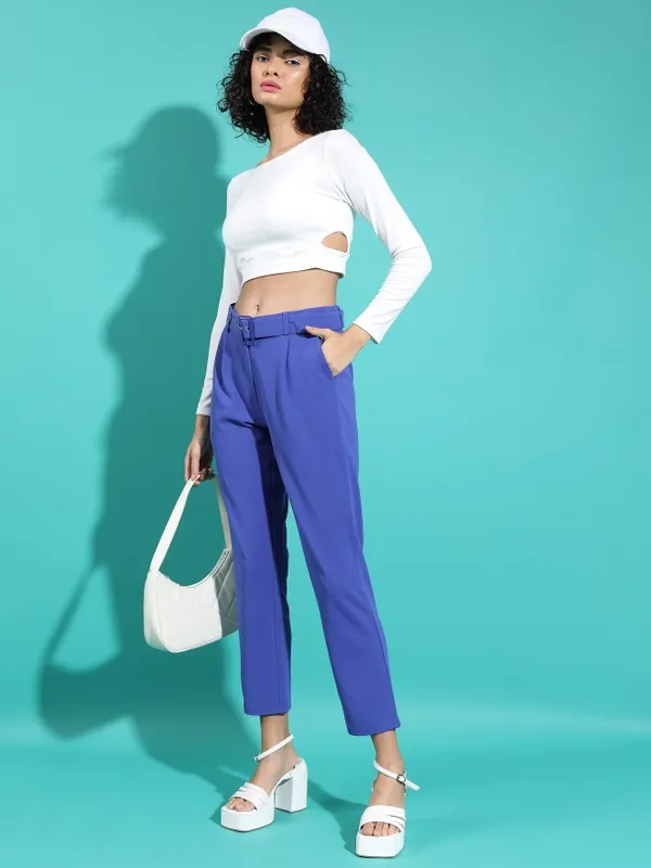  Tokyo Talkies Women Blue Solid Regular Fit Casual Trousers