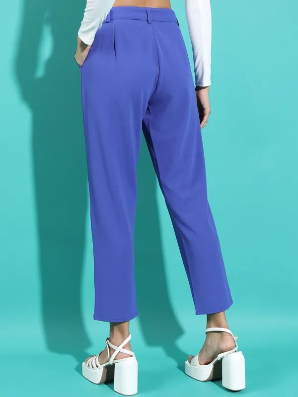  Tokyo Talkies Women Blue Solid Regular Fit Casual Trousers