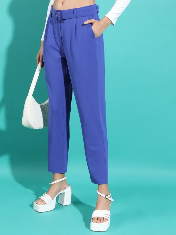  Tokyo Talkies Women Blue Solid Regular Fit Casual Trousers