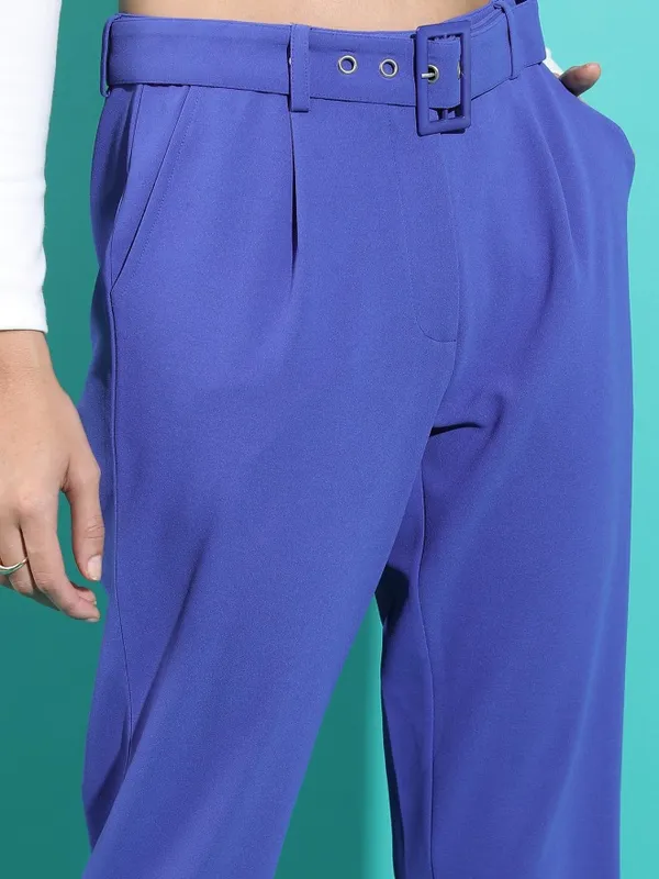  Tokyo Talkies Women Blue Solid Regular Fit Casual Trousers