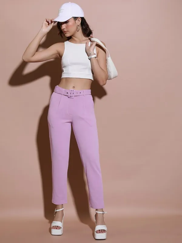  Tokyo Talkies Women Pink Solid Regular Fit Casual Trousers