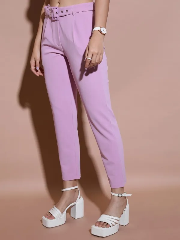  Tokyo Talkies Women Pink Solid Regular Fit Casual Trousers