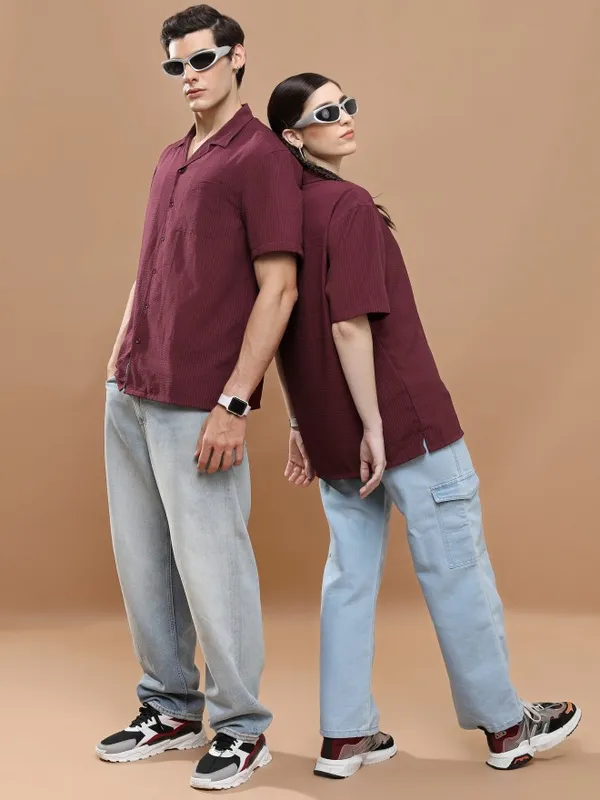 Highlander Men Maroon Striped Oversized Fit Casual Shirt