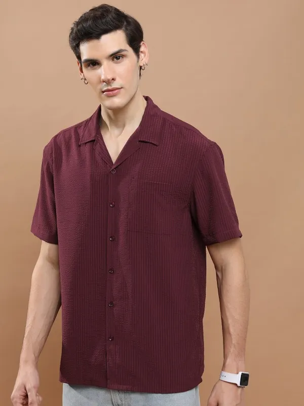Highlander Men Maroon Striped Oversized Fit Casual Shirt