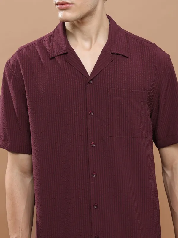 Highlander Men Maroon Striped Oversized Fit Casual Shirt