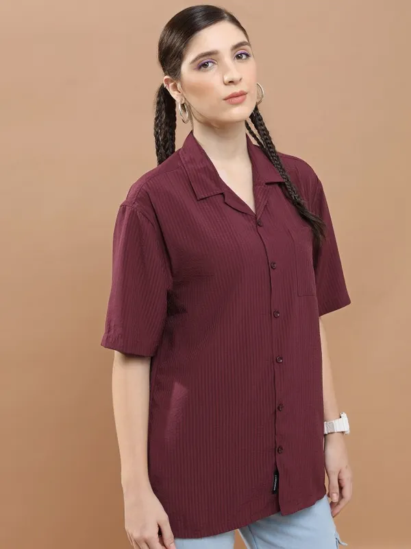 Highlander Men Maroon Striped Oversized Fit Casual Shirt