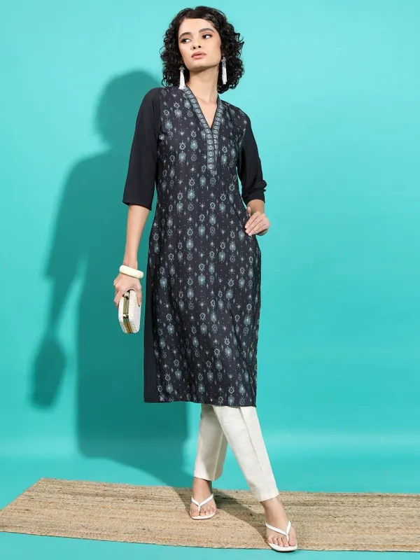 Vishudh Women Black Printed Straight Kurta