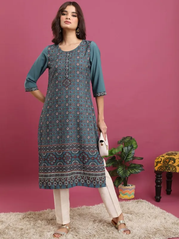  Vishudh  Women Teal Printed Straight Kurtas