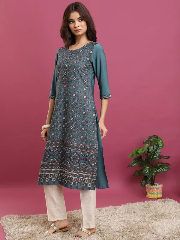  Vishudh  Women Teal Printed Straight Kurtas