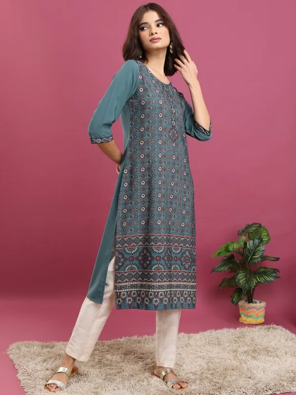  Vishudh  Women Teal Printed Straight Kurtas