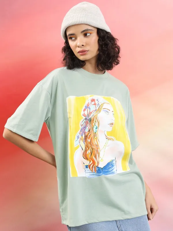  Tokyo Talkies Women Green Printed Round Neck T-Shirts