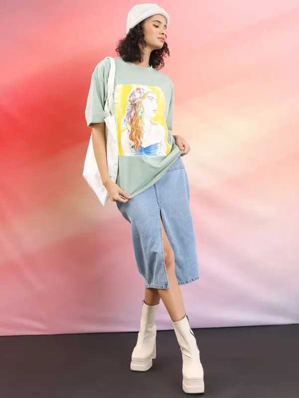 Tokyo Talkies Women Green Printed Round Neck T-Shirts