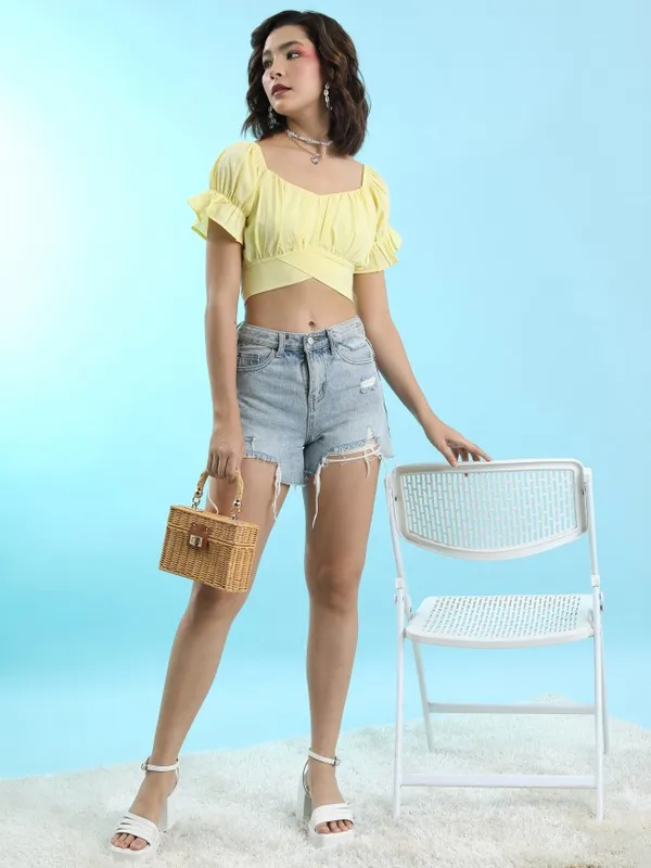 Tokyo Talkies Women Yellow Solid Fitted Top