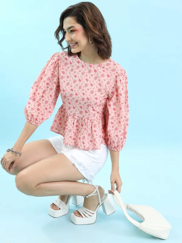 Tokyo Talkies Women Pink Printed Peplum Tops