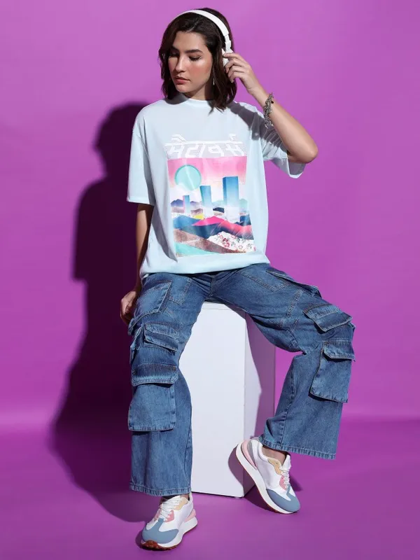  Tokyo Talkies Women Blue Solid Round Neck T-Shirts