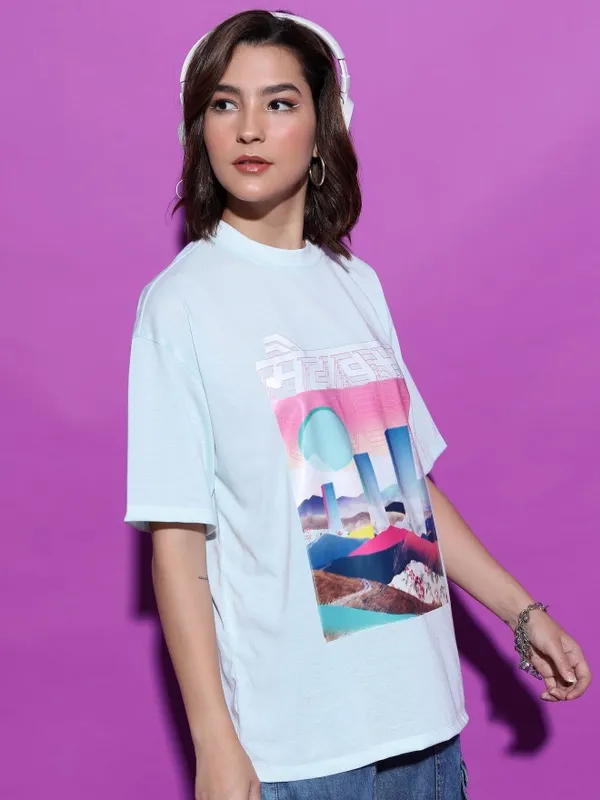  Tokyo Talkies Women Blue Solid Round Neck T-Shirts