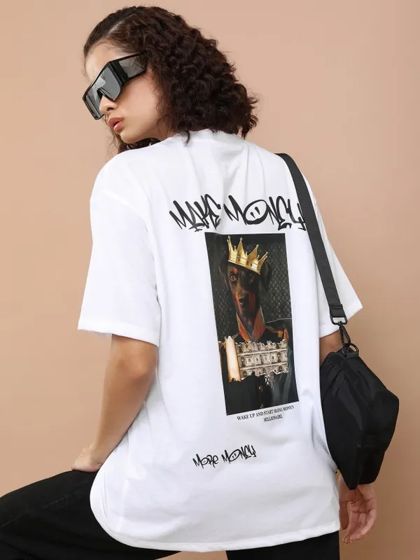 Tokyo Talkies Women White Printed Round Neck Oversized Fit T-Shirt