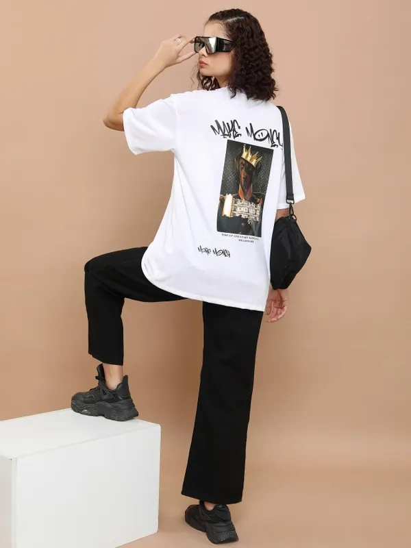 Tokyo Talkies Women White Printed Round Neck Oversized Fit T-Shirt