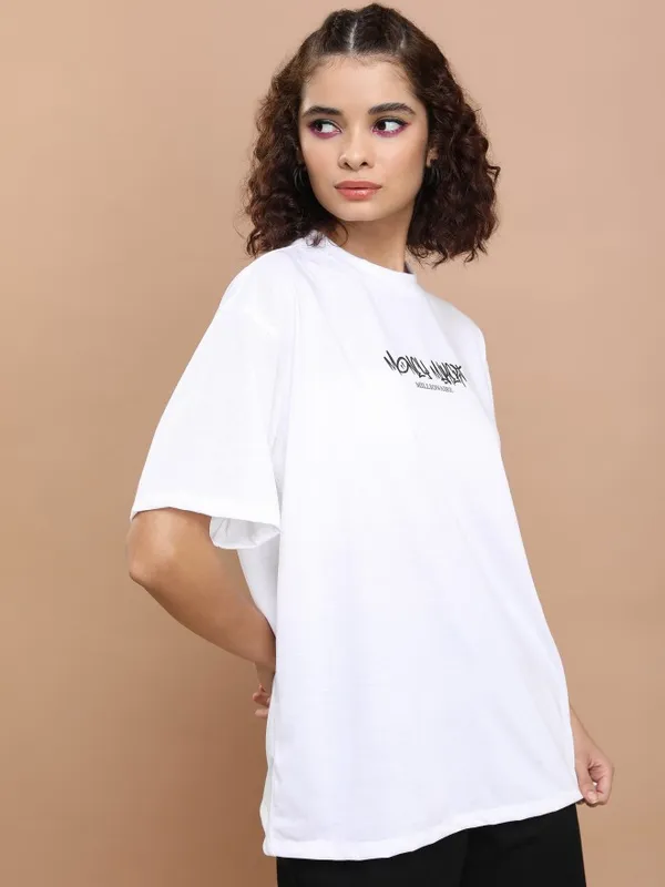 Tokyo Talkies Women White Printed Round Neck Oversized Fit T-Shirt