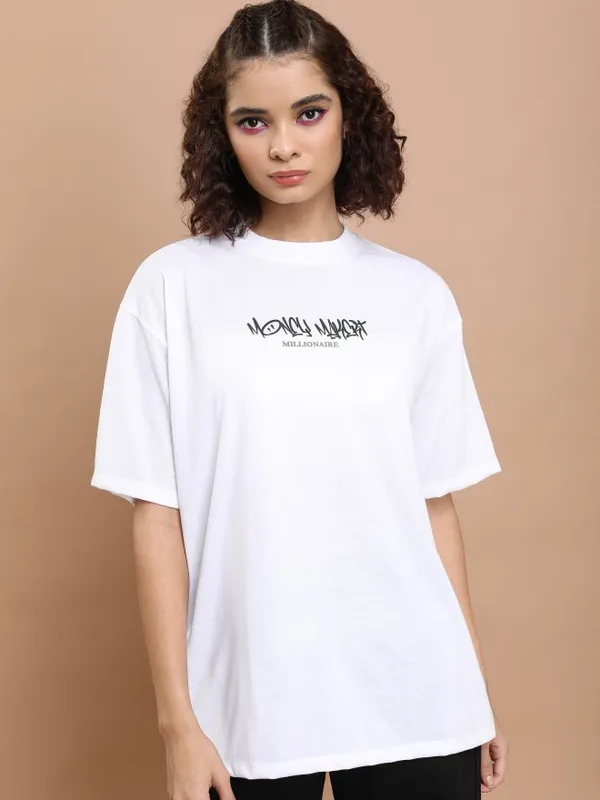 Tokyo Talkies Women White Printed Round Neck Oversized Fit T-Shirt