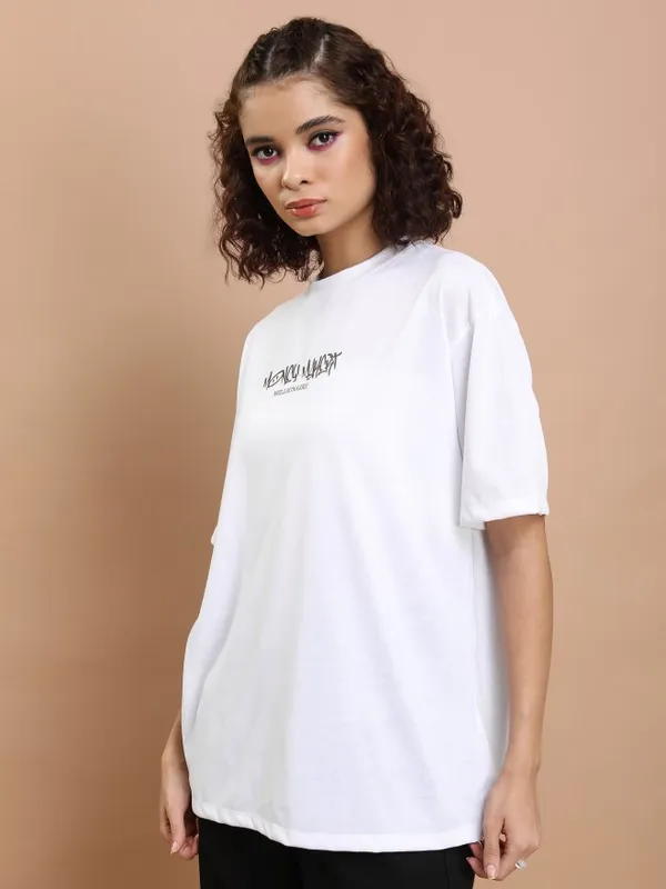 Tokyo Talkies Women White Printed Round Neck Oversized Fit T-Shirt