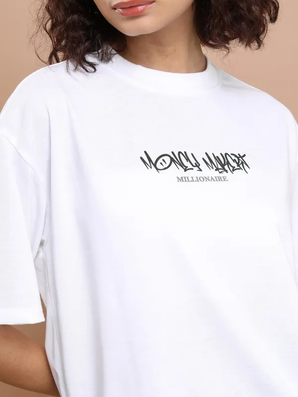 Tokyo Talkies Women White Printed Round Neck Oversized Fit T-Shirt