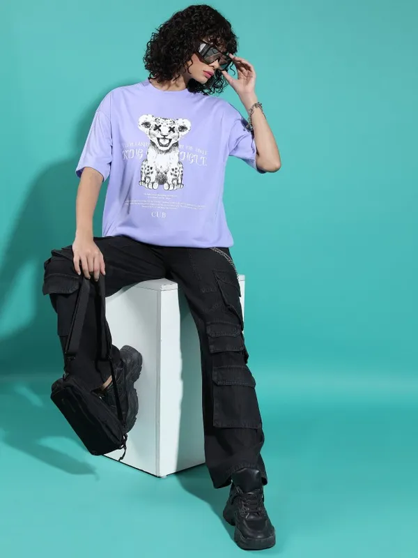 Tokyo Talkies Women Lavender Printed Round Neck Oversized Fit T-Shirt