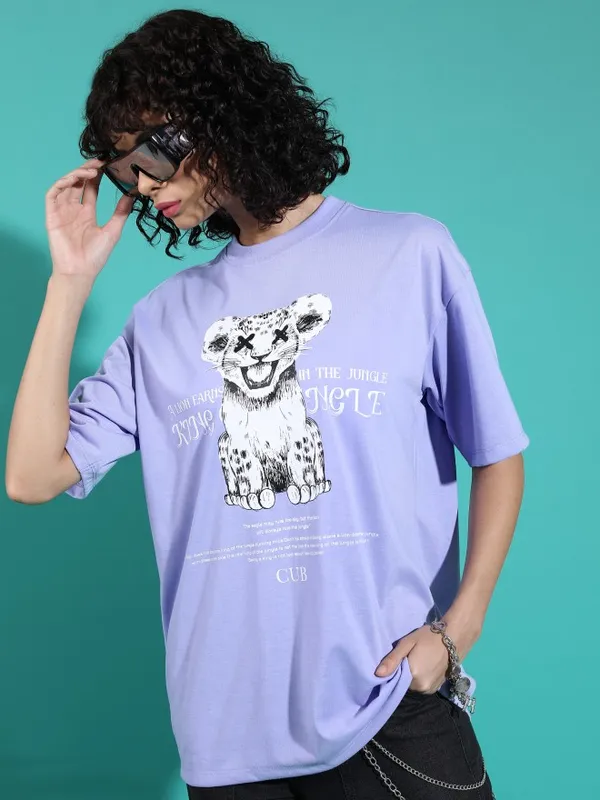 Tokyo Talkies Women Lavender Printed Round Neck Oversized Fit T-Shirt