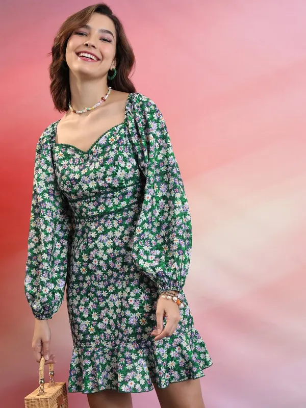  Tokyo Talkies Women Green Printed Fit And Flare Dresses