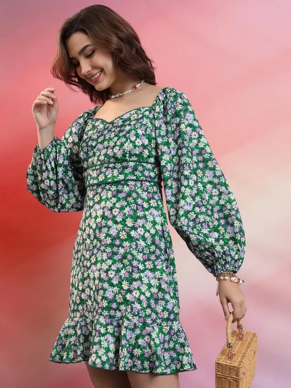  Tokyo Talkies Women Green Printed Fit And Flare Dresses