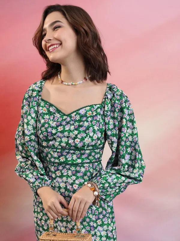  Tokyo Talkies Women Green Printed Fit And Flare Dresses