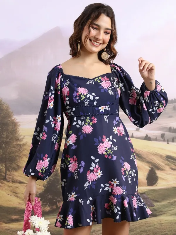 Tokyo Talkies Women Blue Printed Fit And Flare Dress