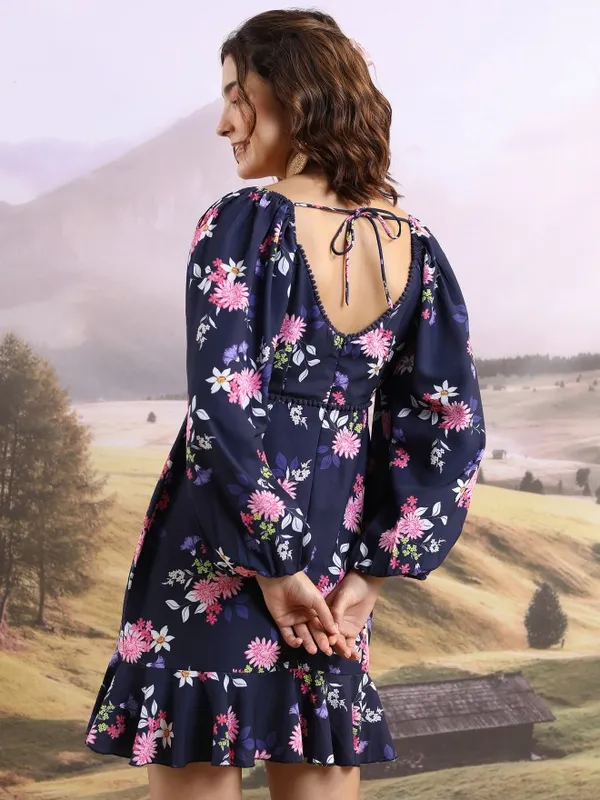 Tokyo Talkies Women Blue Printed Fit And Flare Dress