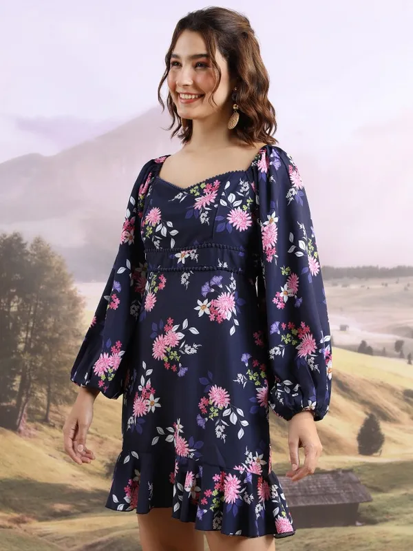 Tokyo Talkies Women Blue Printed Fit And Flare Dress