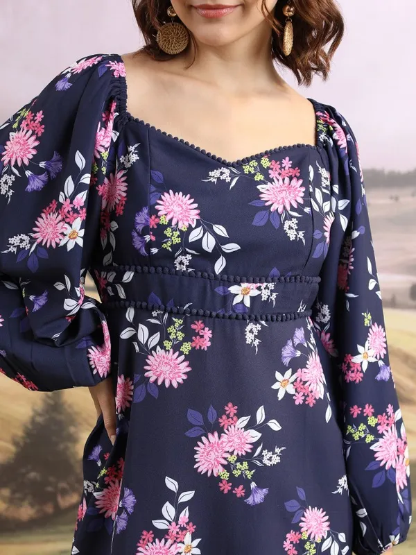 Tokyo Talkies Women Blue Printed Fit And Flare Dress