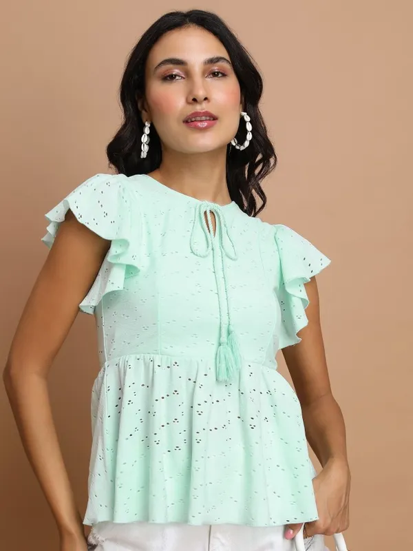 Tokyo Talkies Women Teal Self Design Peplum Top