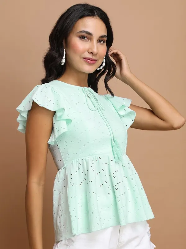 Tokyo Talkies Women Teal Self Design Peplum Top