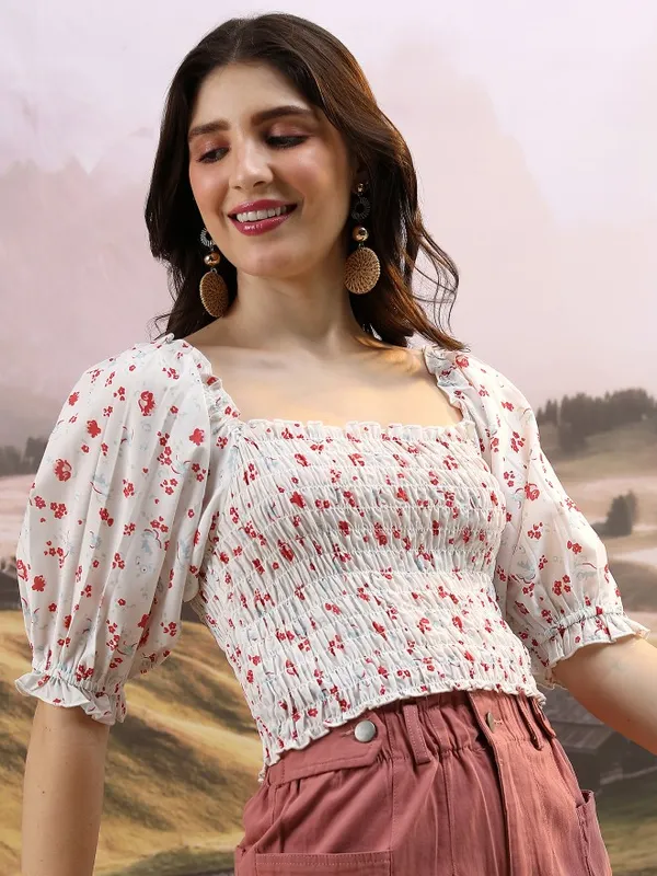  Tokyo Talkies Women Off White Printed Regular Tops
