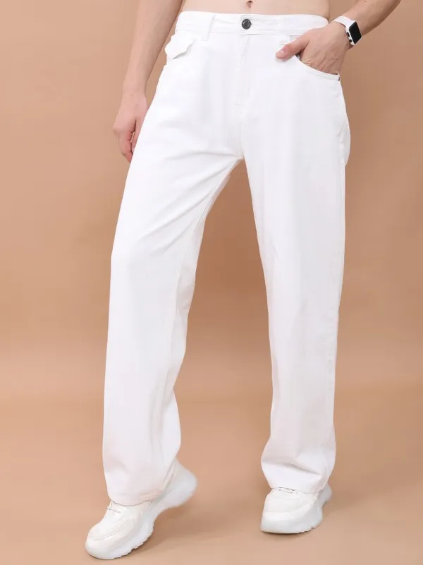  Highlander Men White Wide Leg Clean Look Jeans