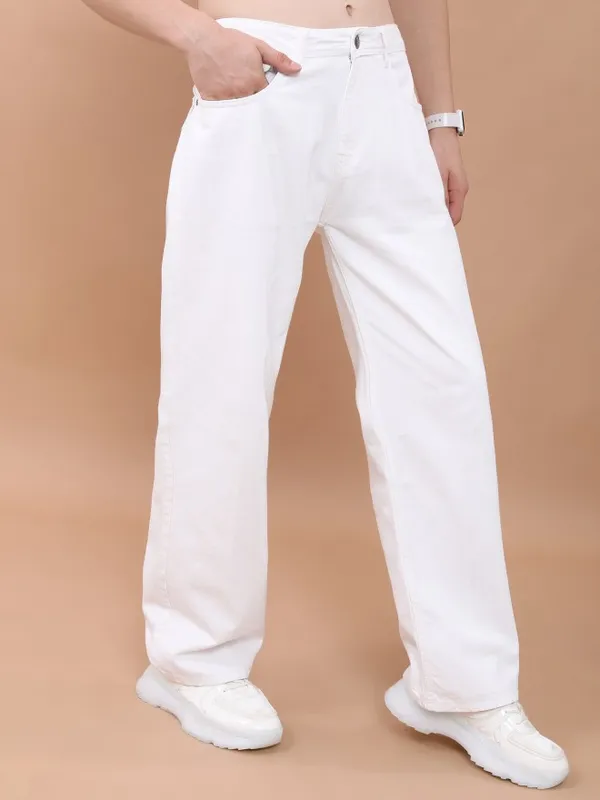  Highlander Men White Wide Leg Clean Look Jeans