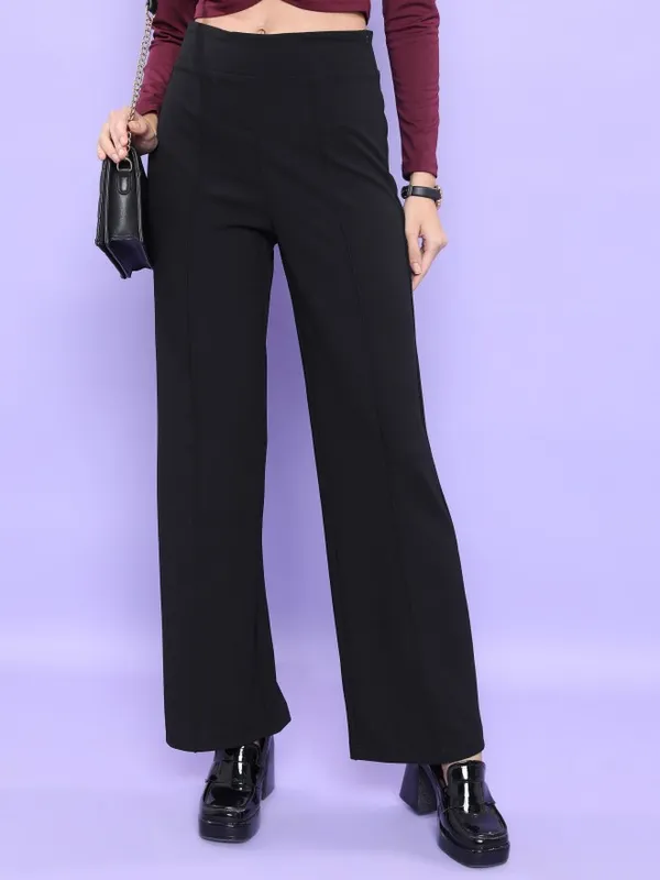  Tokyo Talkies Women Black Solid Flared Casual Trousers
