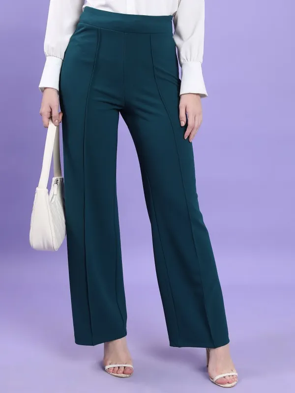 Tokyo Talkies Women Teal Solid Flared Casual Trousers