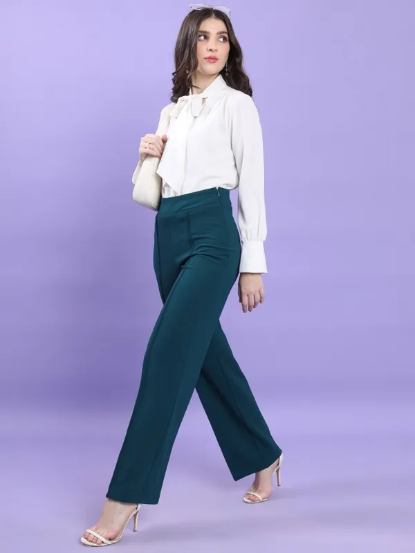  Tokyo Talkies Women Teal Solid Flared Casual Trousers