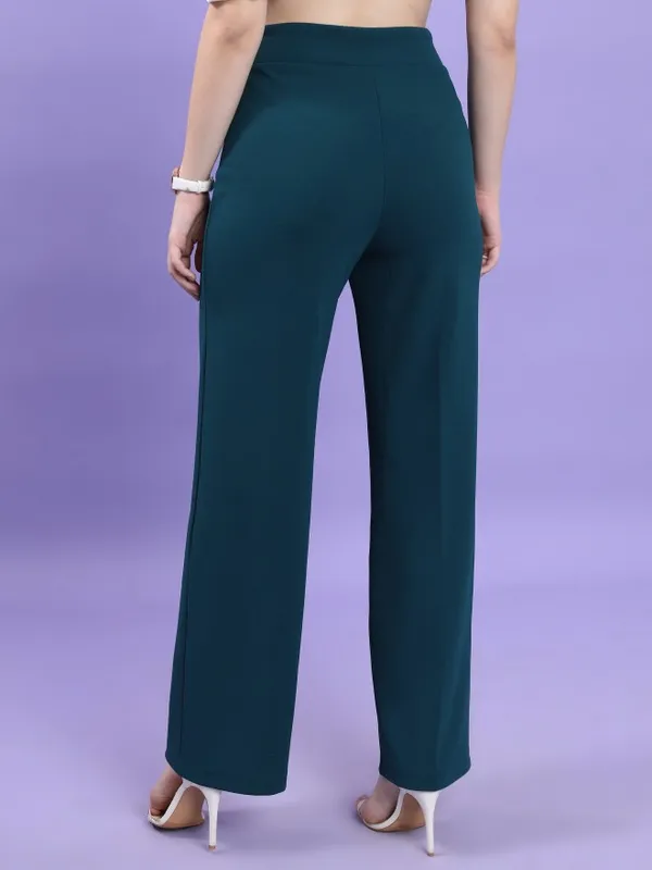  Tokyo Talkies Women Teal Solid Flared Casual Trousers