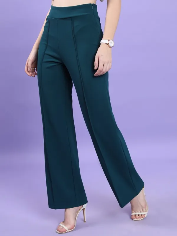  Tokyo Talkies Women Teal Solid Flared Casual Trousers