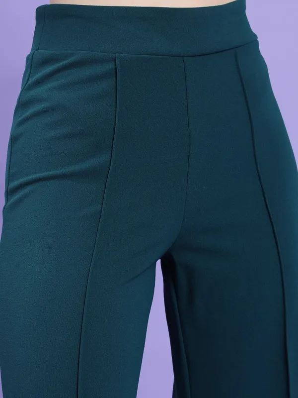  Tokyo Talkies Women Teal Solid Flared Casual Trousers