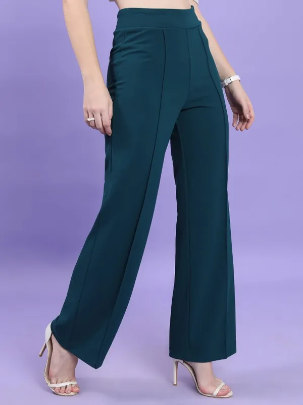 Tokyo Talkies Women Teal Solid Flared Casual Trousers