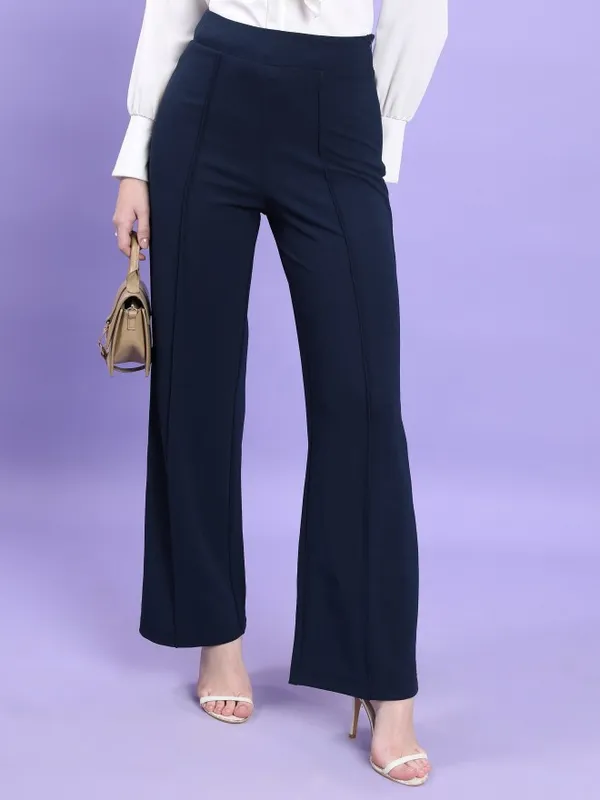  Tokyo Talkies Women Navy Blue Solid Flared Casual Trousers