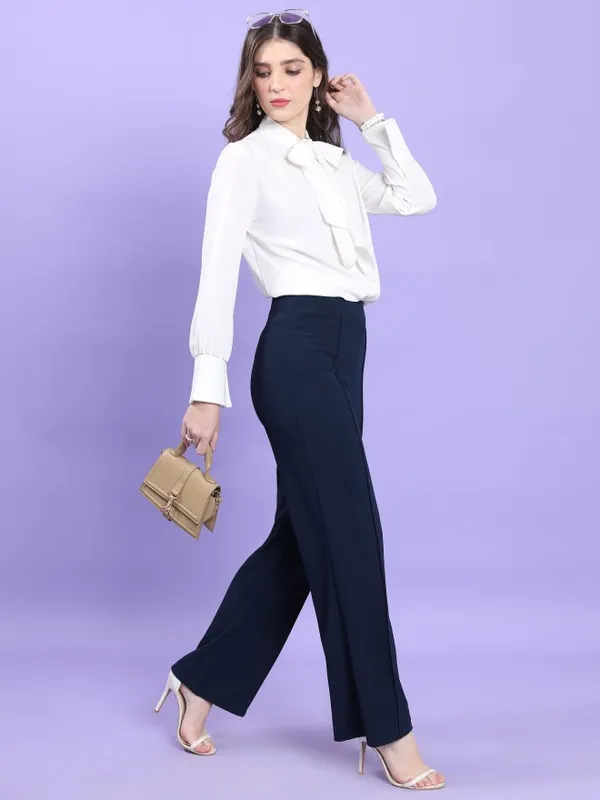 Tokyo Talkies Women Navy Blue Solid Flared Casual Trousers